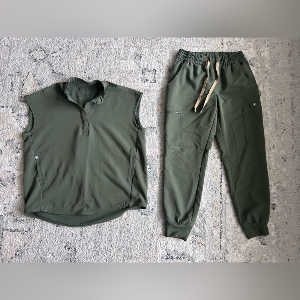Figs Olive Green Technical Collection Scrubs: Rafaela top and Uman joggers